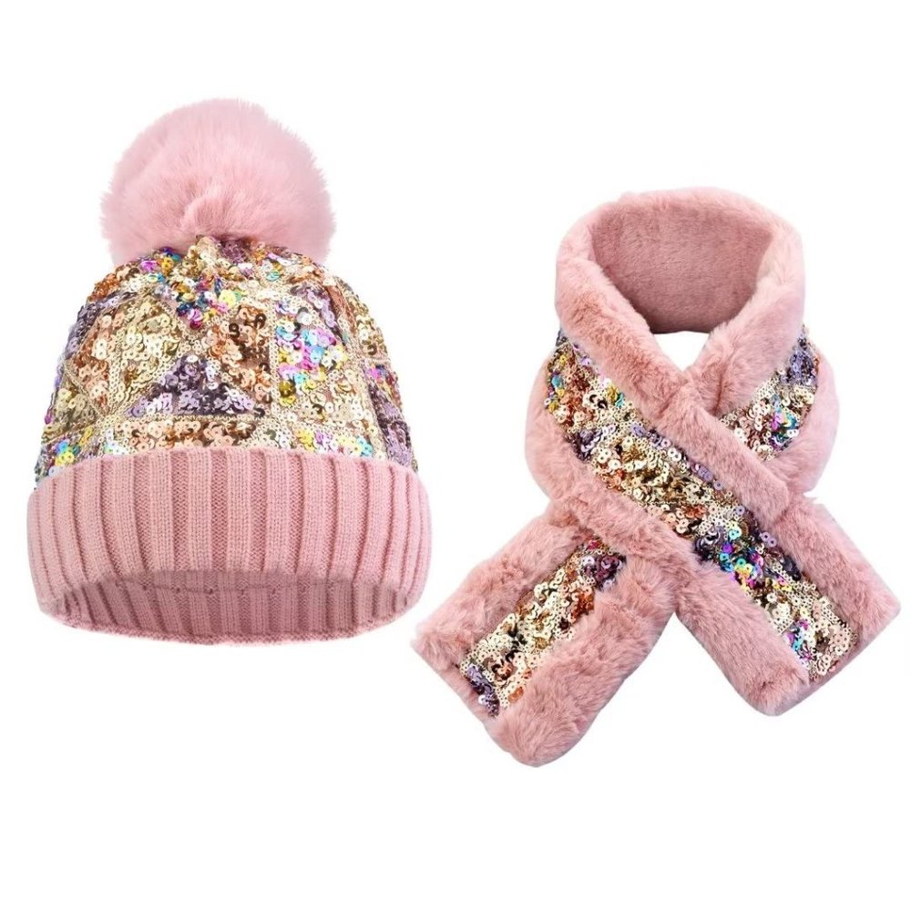 NEW - Girl's Winter Knit Hat And Scarf Set Warm Faux Fur Pom Pom Hat Scarf